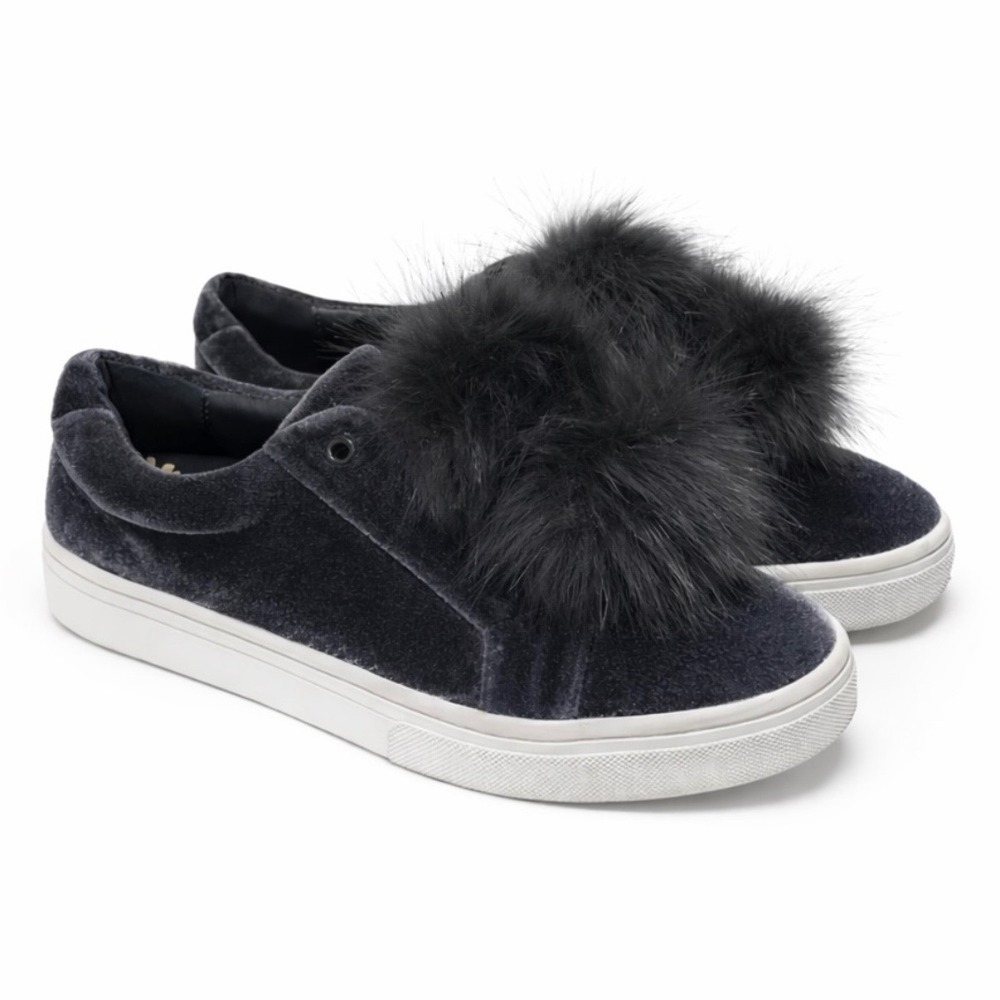 Sam Edelman Leya Gray Velvet Faux Fur Pom Pom Slip On Sneakers Women's 9.5M